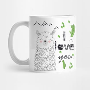 Lama is cute in the Scandinavian style, fashionable, cool, among cacti and mountains. Inscription I love you Mug